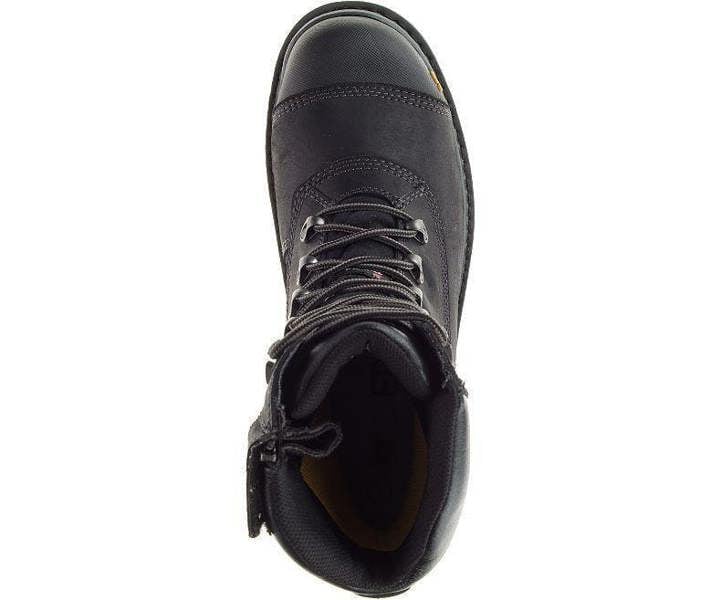 Caterpillar Premier 8 TX Mens Composite Toe/Midsole Water-Resistant Work Boots, top view of a black work boot showcasing its sturdy design, laces, and protective toe area.