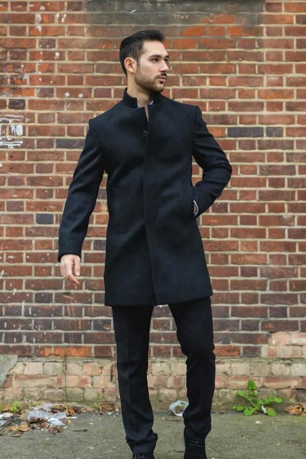 Infinity Leather Men's Black Stand Collar Wool Blend Overcoat