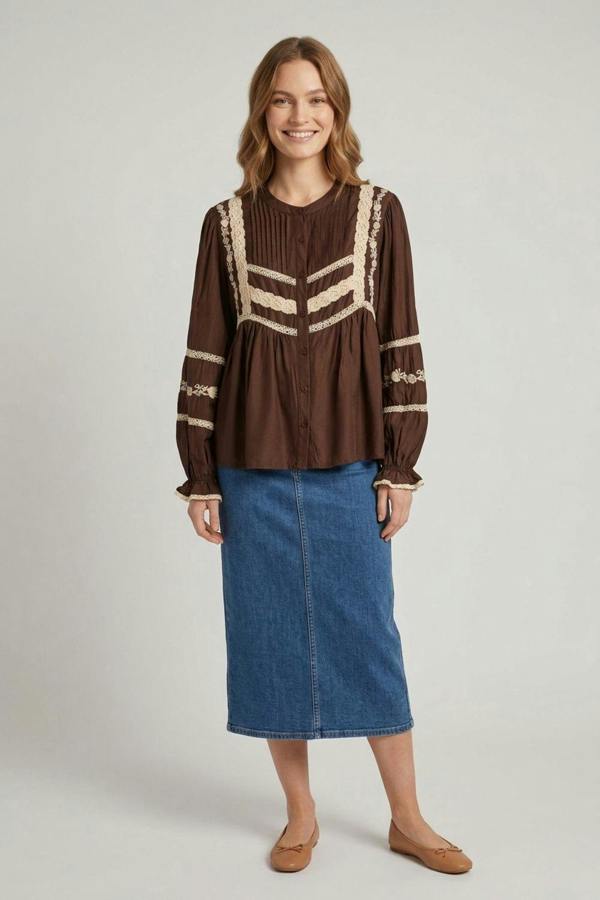 Brown | Lace Trim Long Sleeve Pleated Blouse