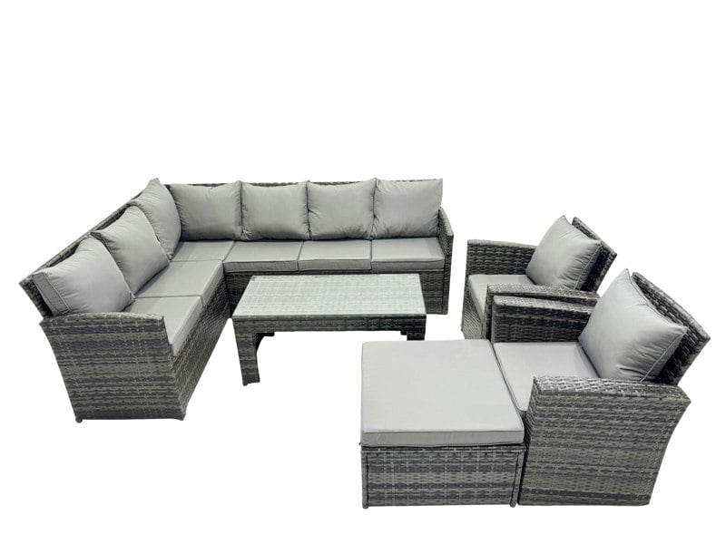Fimous 9 Seat Poly Rattan Outdoor Patio Oblong Coffee Table Corner Sofa Set with Big Stool 2 Chairs for Garden Backyard Dark Grey Mixed
