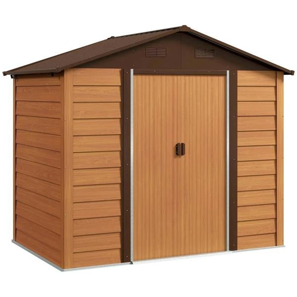 6x8ft galvanised steel shed, brown wood-effect panels, front single door