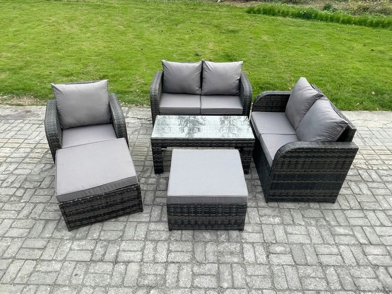 Fimous 7 Seater Rattan Wicker Garden Furniture Patio Conservatory Sofa Set with Rectangular Coffee Table Reclining Chair Love Sofa 2 Big Footstool