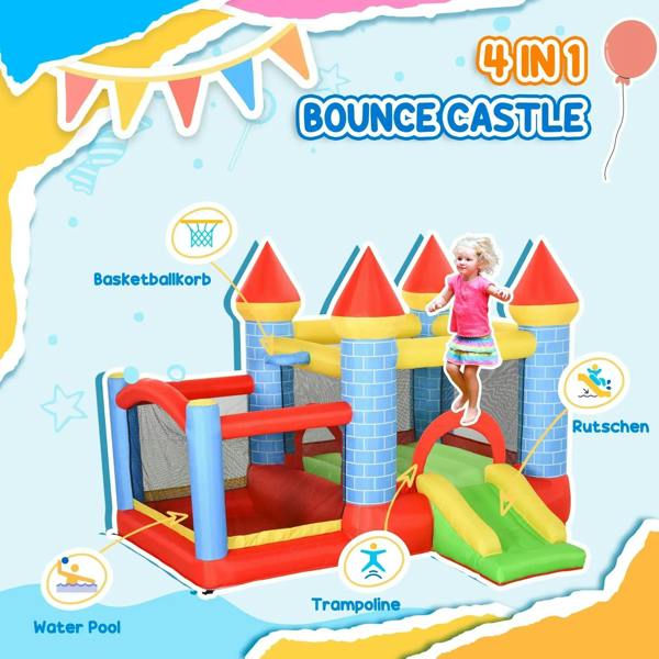 Kids inflatable bounce castle with trampoline and slide, multi-color castle playset