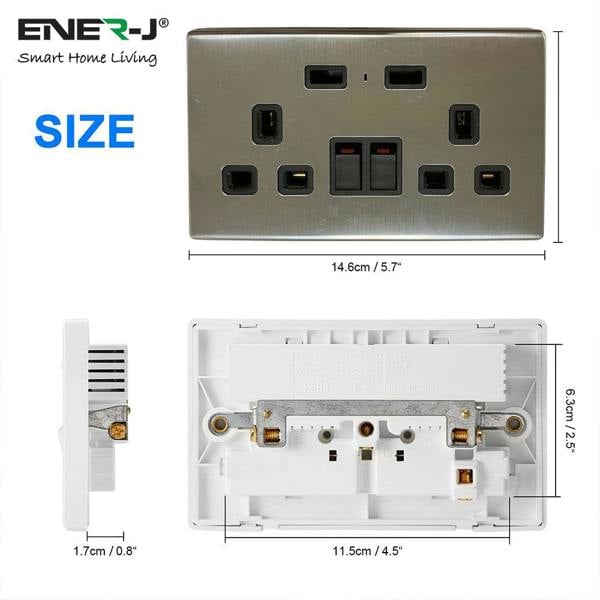 Dimensions and size guide of ENER-J smart double wall socket with USB charging ports