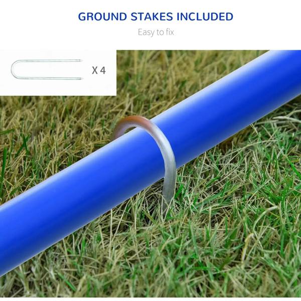 Blue agility pole with metal ground stake for securing on grass