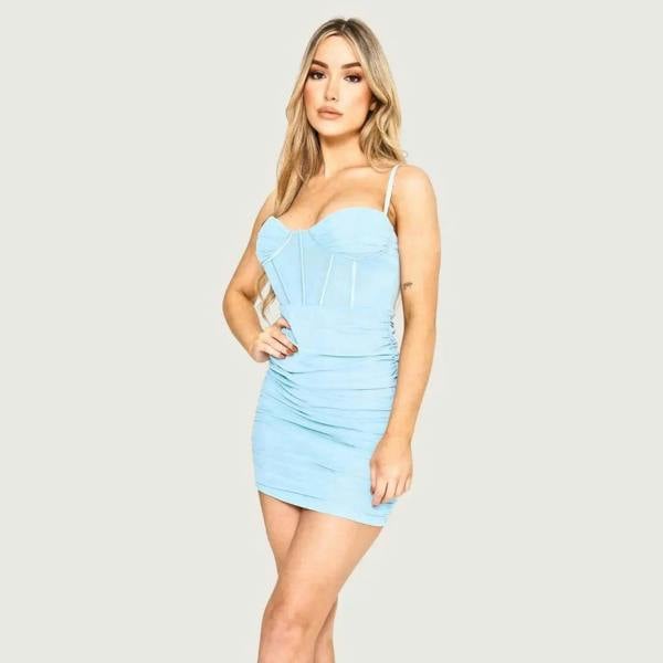 Elaina Fashion Women's Elegant Baby Blue Mesh Ruched Bodycon Strappy Dress - Sleeveless Sexy Club Party Summer Short Dress