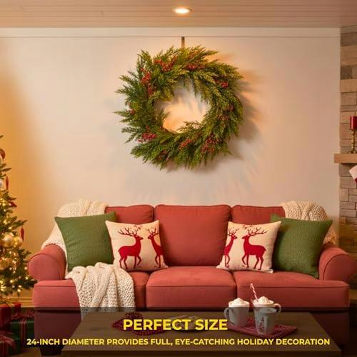 24 Inch Pine Needle Christmas Wreath with Red Berries for Indoor and Sheltered Outdoor Display image 4
