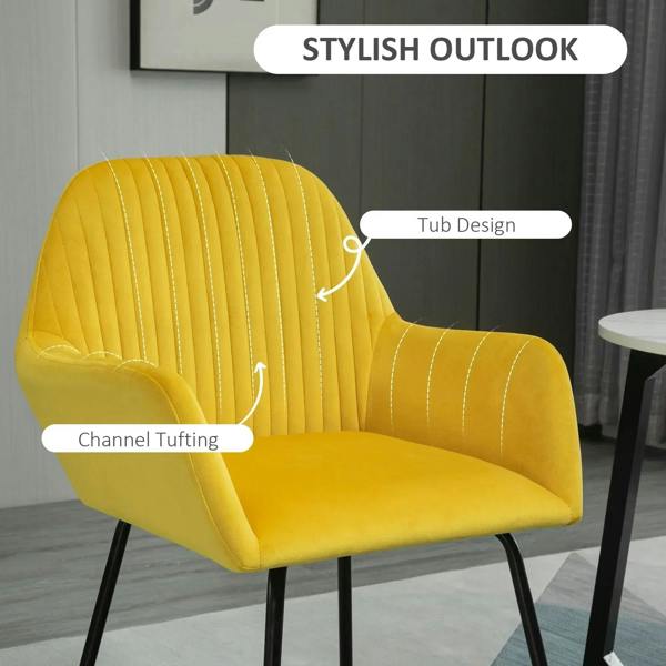 Yellow upholstered accent chair with channel tufting and tub-style seat back