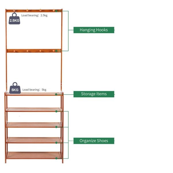 Modcraft Large Wooden Hat and Coat Stand with 5 Tiers and Shoe Rack