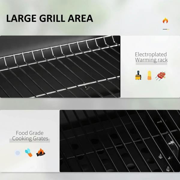 Black grill cooking grates with warming rack above