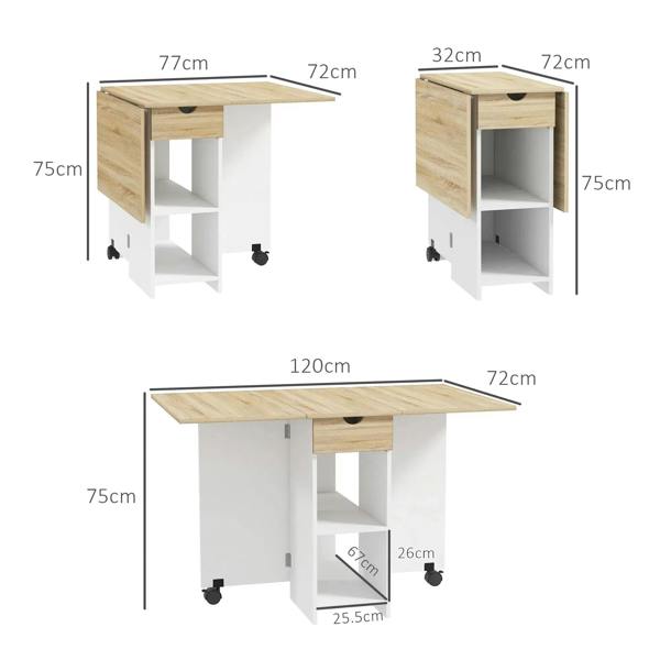Oak drop-leaf folding dining table with drawer and storage shelves, shown with dimensions