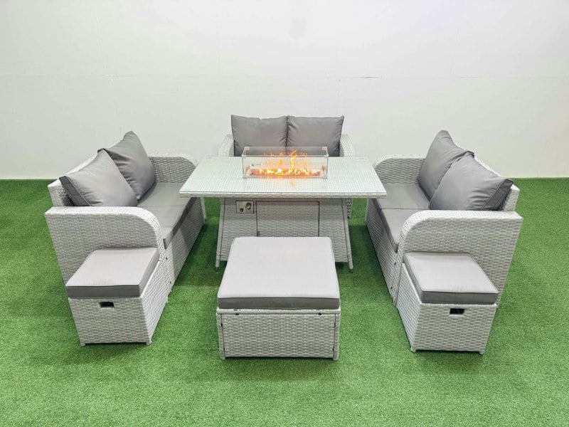 Fimous 9 Seater PE Wicker Rattan Furniture Sofa Sets with Fire Pit Dining Table 2 Seater Love Sofa 3 Stool Light Grey