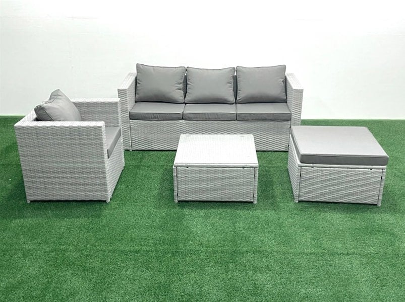 Fimous 5 Seater Rattan Garden Furniture Set with 3 Seater Sofa Chair Square Coffee Table Big Footstool Light Grey Mixed