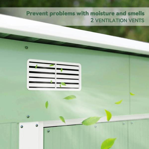 Light green metal storage shed with ventilation vent panel near roof edge