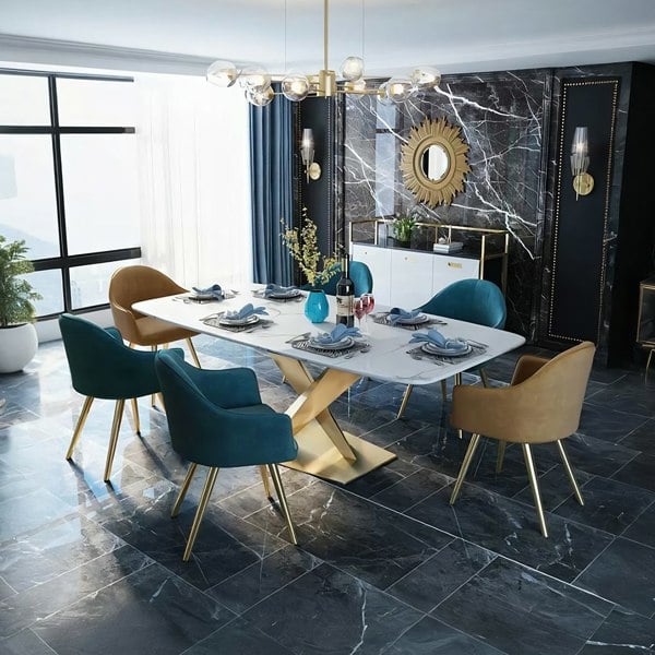 LUCI Dining Table, Marble And Gold Metal - large dining table shoreditch