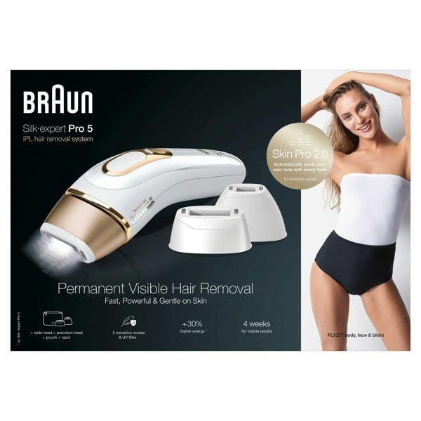 Braun IPL Silk-Expert Pro 5 At Home Hair Removal Device with Pouch - White / Gold (PL5257)