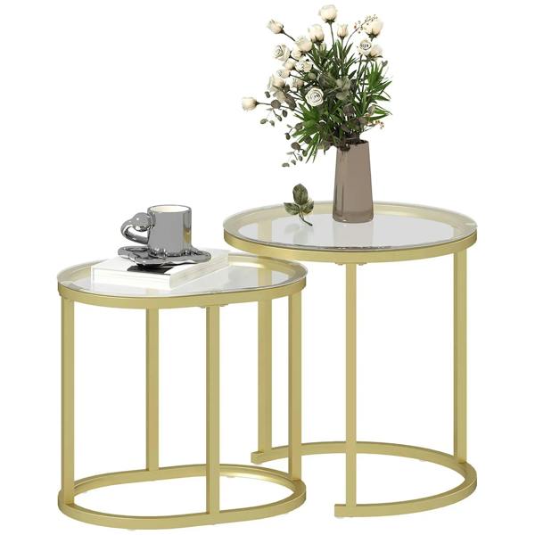 Set of 2 round glass nest tables with gold steel frames, clear tempered glass tops