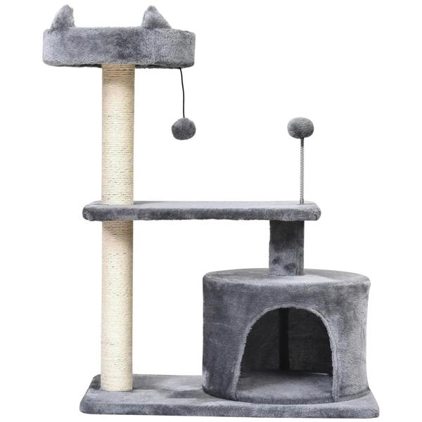 Grey cat tree with tall scratching post, middle perch, and bottom enclosed tunnel condo
