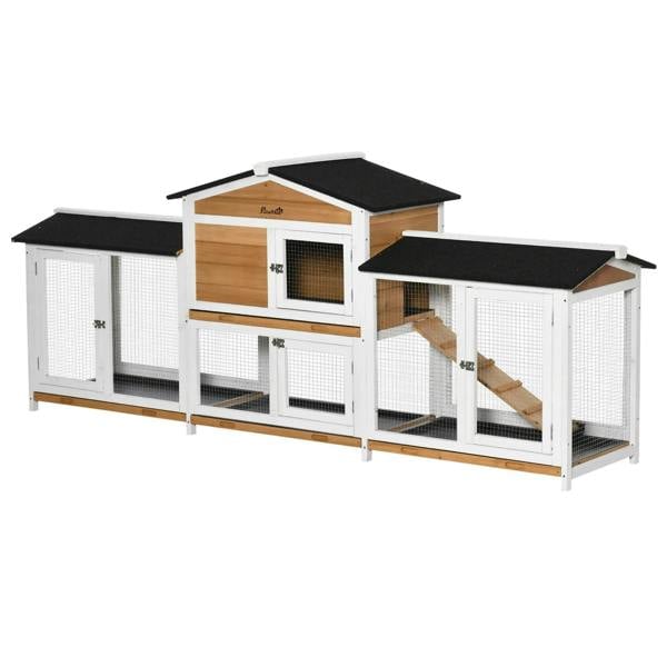 White 2-tier rabbit hutch with double side run boxes, black roof panels, and wood ramp