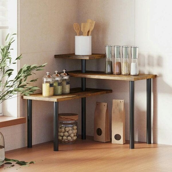 Bobobiy 3-Tier Kitchen Countertop Organiser, Adjustable Spice Rack, Corner Shelf for Kitchen, Coffee Bar, Bathroom, Rustic Brown - Rustic Brown
