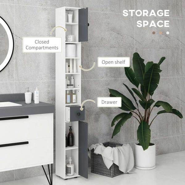 Slim grey bathroom cabinet with open shelves, closed cupboards and drawer