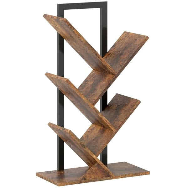 Rustic brown wood-effect four-section tree bookcase with tiered open shelves