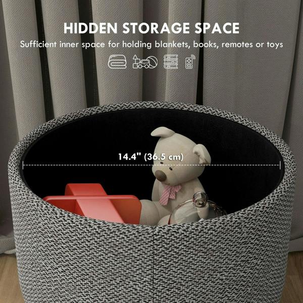 Light grey round ottoman with open top revealing hidden storage compartment
