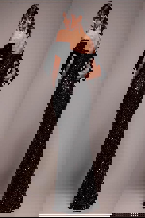 Sequin Off The Shoulder Velvet Bow Maxi Dress - Black DR4894