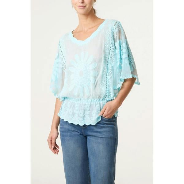 Blue Vanilla Sun Flower Lace Sleeve Blouse