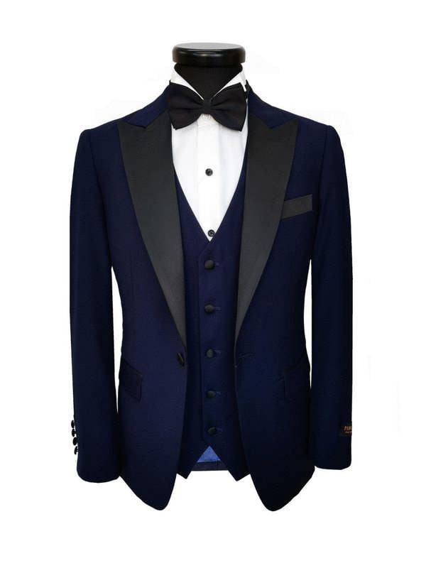 Navy 3-piece tuxedo suit by PAMONI with black peak lapel, displayed on a mannequin against a plain background.