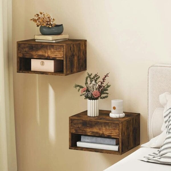 Set of Two Floating Bedside Tables - Rustic Brown - Rustic Brown