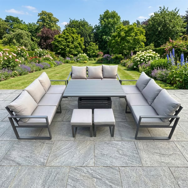Fimous 11 Seater Aluminium Garden Furniture Set with Adjustable Rising Dining Table, 2 Footstools - Dark Grey