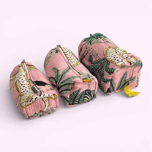 Hayley & Co Jungle Print Cotton Washbag, Make Up Bag, Pencil Case with Waterproof Lining - Jungle Animal Print in Pink