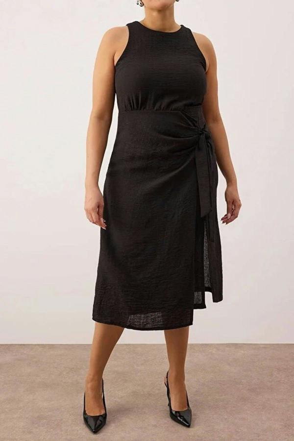 WOVCOR Flannel Midi Dress with Slit and Tie Detail