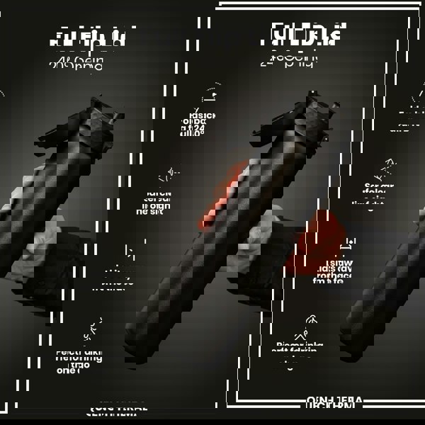 A black water bottle with a flip lid is being held; the lid is open to 240 degrees, showing its features. The bottle is displayed against a dark background. Full Flip Lid 240° Opening. QUENCH THERMAL.