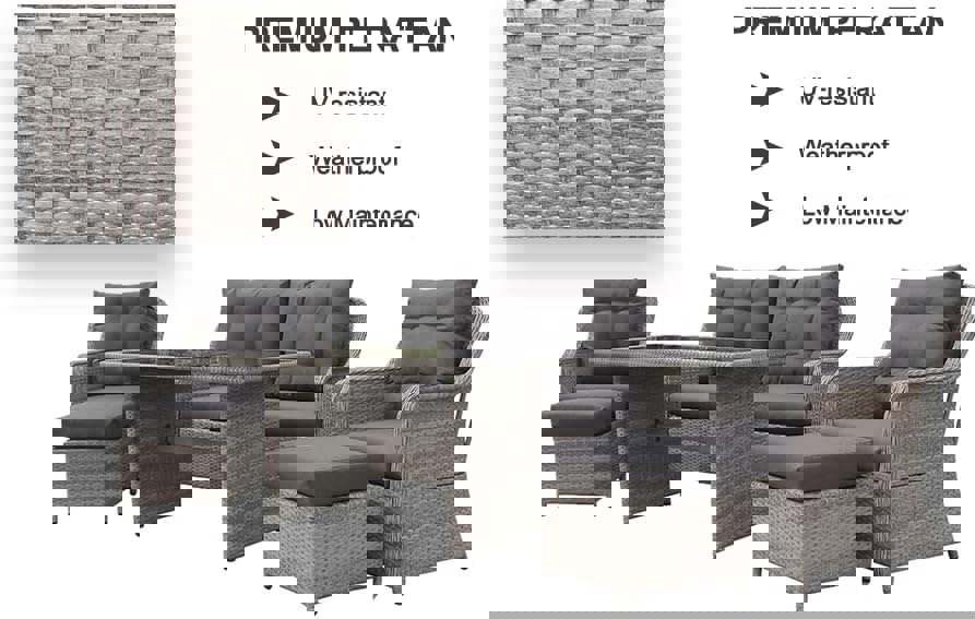 Furniture One Patio Sofa Dining Table Set, 6 Seaters Aluminum Frame Wicker Weave, Includes Dining Table+Loveseat+ 2 Armchair+2 Stool - Grey