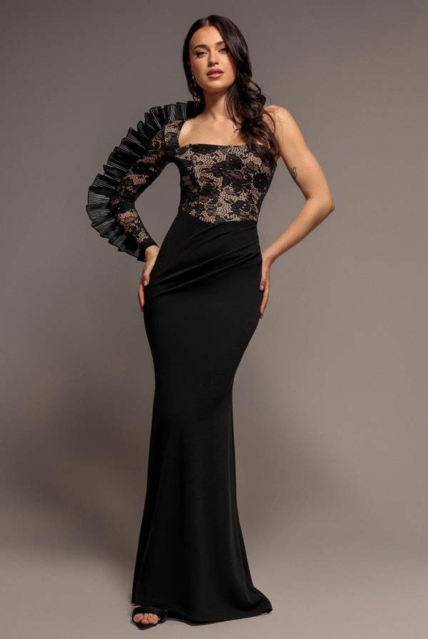 One Shoulder Organza  Fan Detail Lace Bodice Maxi Dress - Black DR4577