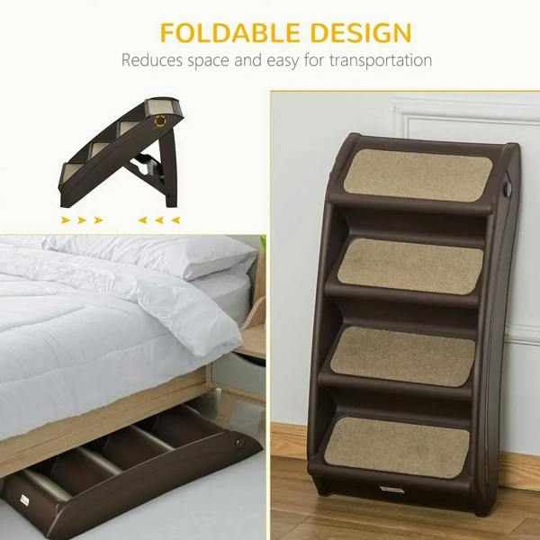 Brown foldable four-step pet stairs with beige non-slip steps, shown in upright use