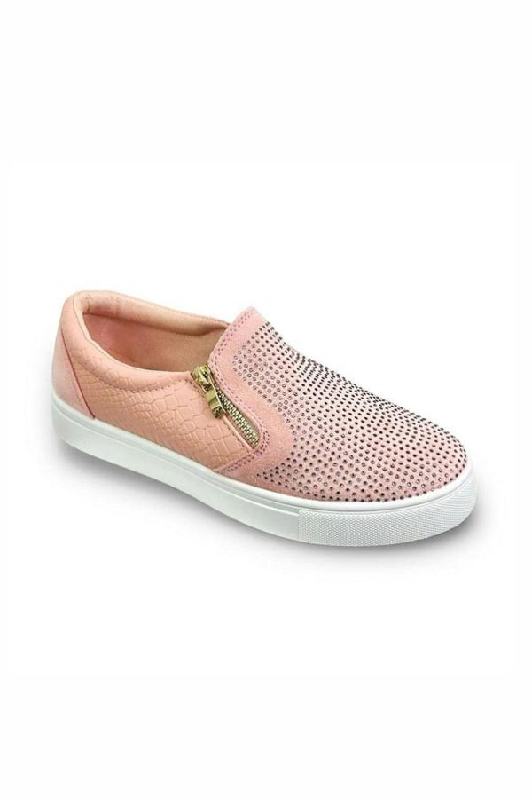 Pink slip-on sneaker with a gold zipper on a white background