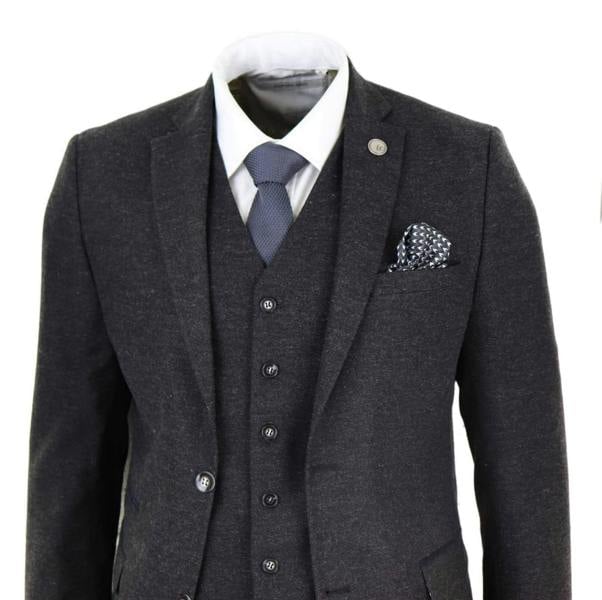 TruClothing Mens 3 Piece Black Wool Tweed Vintage Retro Suit