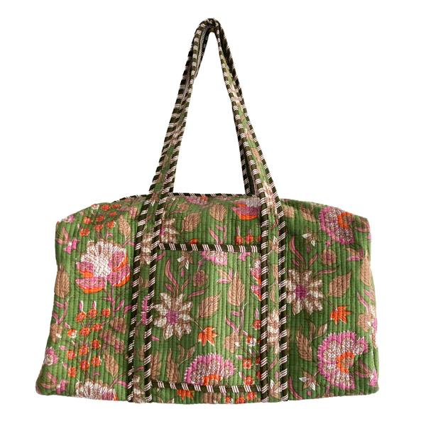 Hayley & Co Green Floral Block Print Cotton Quilted Weekend Duffle Bag