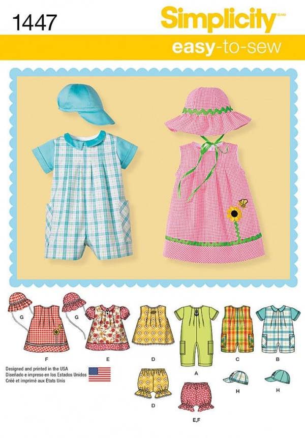 Simplicity Sewing Pattern 1447, Dresses, Headwear, Jumpsuits, Shorts, Tops for Baby, XXS-XS-S-M-L - Easy