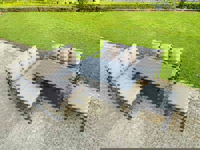 Fimous 5 Pieces Garden Furniture Set Aluminium Adjustable Rising Lifting Dining Table and Sofa Set with 2 Small Footstools Dark Grey