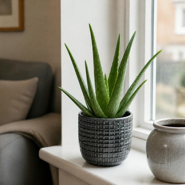 Aloe Vera Plant 12cm Pot for Indoors - Medicinal Houseplant - Grey Ceramic Pot - 1