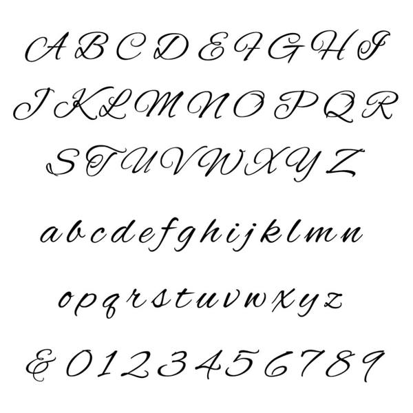 A typography reference chart showing the complete alphabet in elegant cursive script lettering, featuring both uppercase and lowercase letters, the ampersand symbol, and numbers zero through nine.