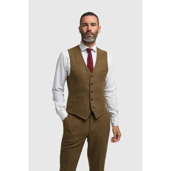 House Of Cavani Thomas - Men's Brown Wool Blend Herringbone Tweed Waistcoat