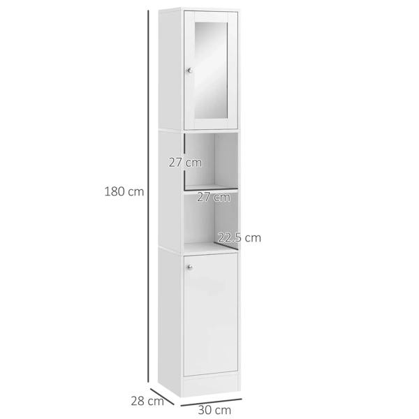 White freestanding tall bathroom storage cabinet with mirrored door and three open shelves