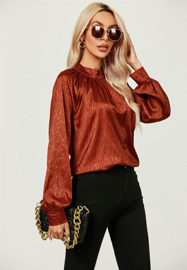 FS Collection Halter Neck Satin Long Sleeve Blouse Top In Copper Red
