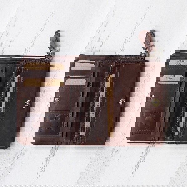 side view of a brown leather wallet with coin zipped pocket