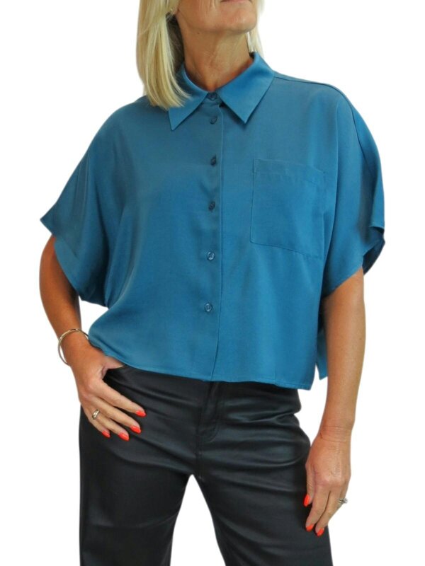 Paulo Due Women's Cropped Satin Shirt Short Sleeve Batwing Blouse - Dark Teal
